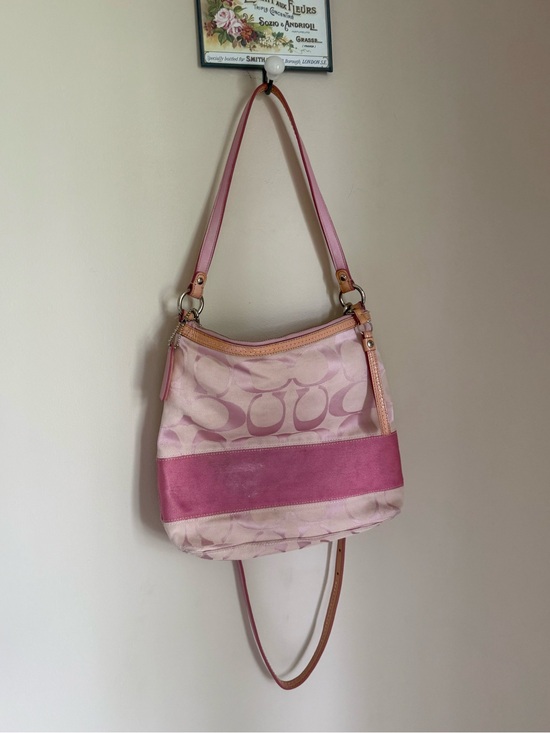 Coach Handbags - Coach Pink Signature Jacquard Canvas Leather Zip Shoulder Bag